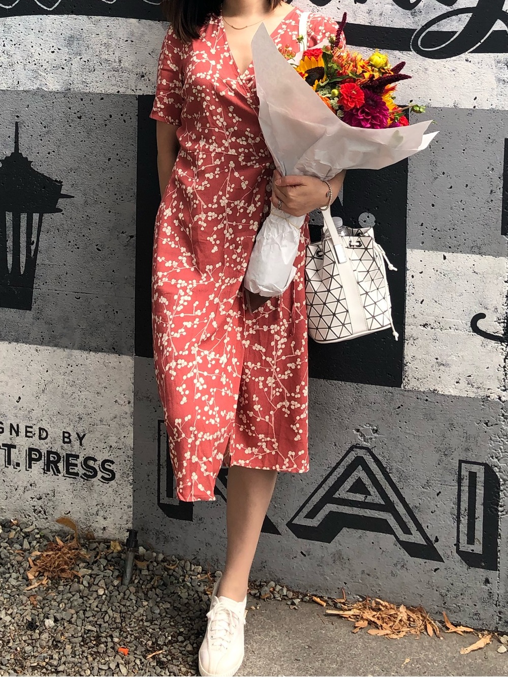 Red Floral Print Wrap Skirt, 100% silk
